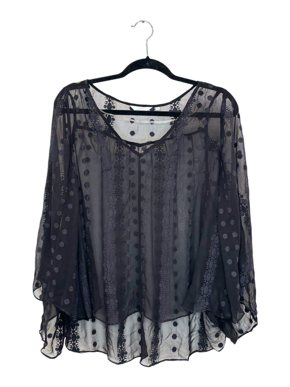 Zoa New York 100% Silk Embroidered Poncho Blouse Sheer Oversized Black Size XS
